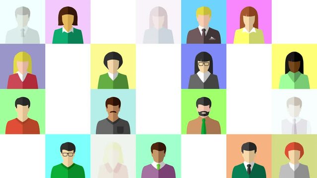 Animation with diverse people appearing as HR and human resources, video call and virtual conference or social media and online avatar set concept. Icon collage, women, men, various ethnic diversity.