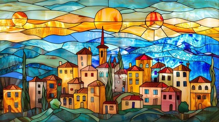 Fototapeta na wymiar Artistic rendition of a quaint town depicted in vibrant stained glass mosaic style, bursting with color and charm.