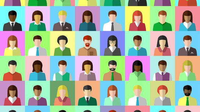 Animation with collage of diverse people slowly moving upward. Video showcasing icon set, multicultural group made of multiracial men and women. Multiple man and woman from various ethnicity.