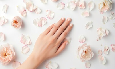 Woman's hand on white background with flower petals around - obrazy, fototapety, plakaty
