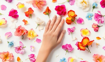 Obraz na płótnie Canvas Woman's hand on white background with flower petals around