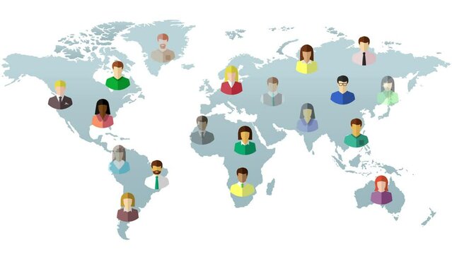 Animation with diverse and international people appearing on the world map as global population and diversity concept