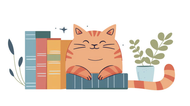 Charming cartoon ginger cat with large eyes sitting by a stack of books, perfect for educational and pet themes, transparent background