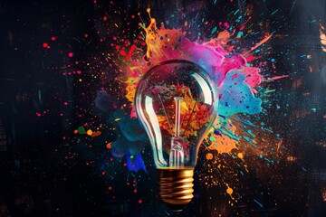 Detonating glass light bulb with radiating rays of light and motion, capturing the sudden flash of inspiration, creativity and innovative ideas. Symbolic 3D image for brainstorming, imagination - obrazy, fototapety, plakaty