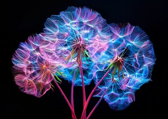 Vibrant neon colors light up the intricate details of dandelions against a stark black backdrop, highlighting the beauty of nature and art combined