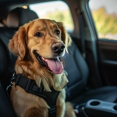 Smiling Golden Retriever Enjoying a Car Ride with Safety Harness