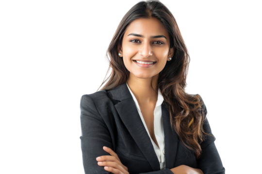 Attractive Indian businesswoman in suit smiling isolated on transparent background.