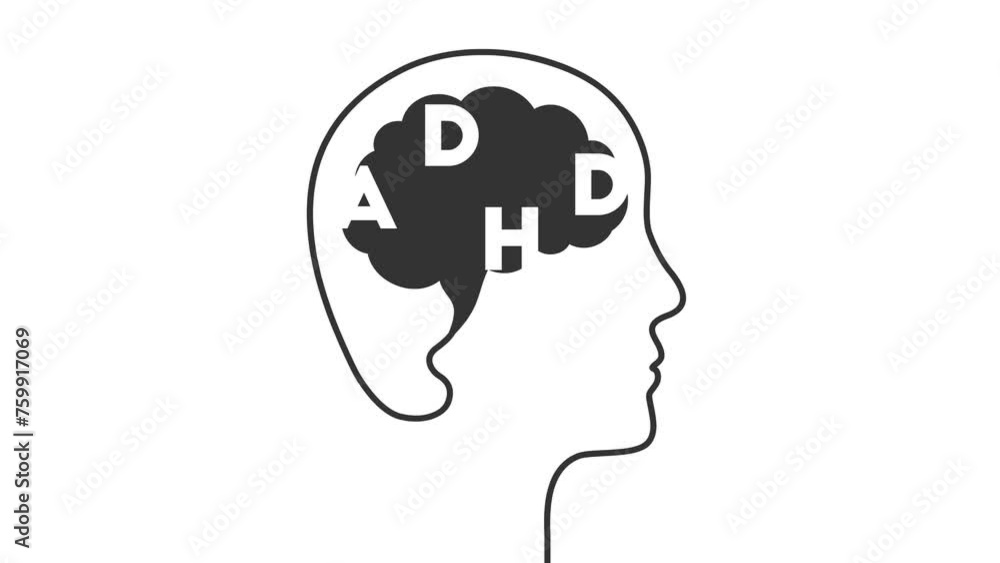 Poster animation concept with adhd and human brain. attention deficit hyperactivity disorder with letters a