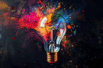 Light bulb bursting with bright glowing particles and sparkles, representing the aha moment of creativity, innovation and inspiration. Conceptual image of generating new ideas, finding solutions