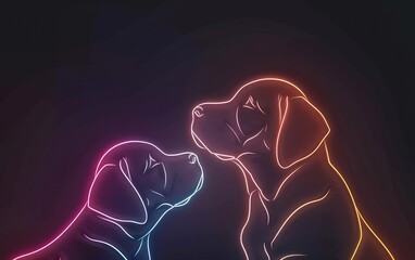 Neon Mother dog and poppy light drawing on black background.