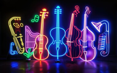 Neon Musical instruments light drawing on black background.