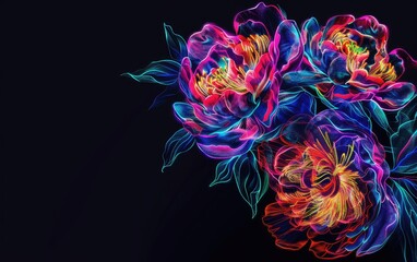 Neon peonies light drawing on black background.
