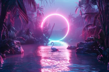 Fotobehang Surreal tropical landscape with a swan swimming under a large neon circle, evoking mystery and tranquility © Glittering Humanity