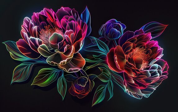 Neon peonies light drawing on black background.