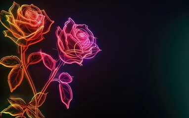 Neon roses light drawing on black background.