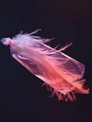 An ethereal pink feather glowing against a dark backdrop, giving off a dreamy and delicate vibe