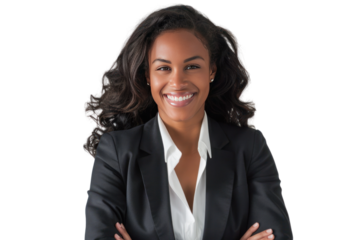 Confident brunette businesswoman in suit smiling isolated on transparent background.