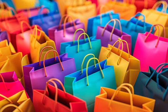 Vibrant shopping concept with colorful shopping bags scattered in a visually appealing manner, symbolizing successful shopping spree or a festive sale event. The excitement and joy of retail therapy.