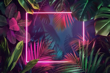 The neon natural background of palm leaves in a tropical forest.