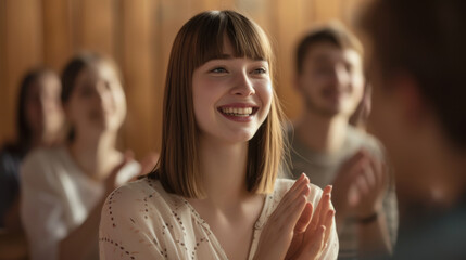 A young woman with a beaming smile is clapping her hands in a seminar hall, where other participants are also visible in the background.