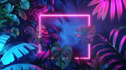 The neon natural background of palm leaves in a tropical forest.