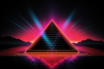 Graphic 80s style, neon power, pyramid, grid. - obrazy, fototapety, plakaty