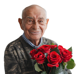 Senior retired man portrait holding bouquet of red roses over isolated white transparent background