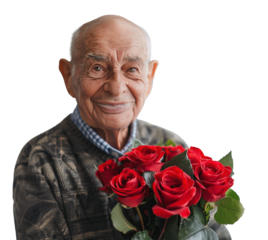 Senior retired man portrait holding bouquet of red roses over isolated white transparent background