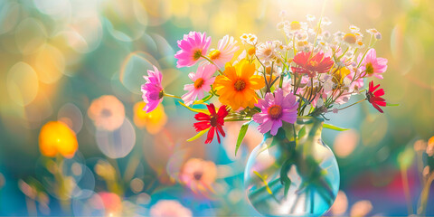 Obraz premium A beautiful bouquet of summer flowers in a transparent vase on a blurred background