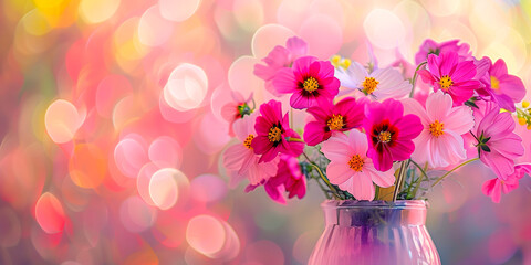 A beautiful bouquet of summer flowers in a transparent vase on a blurred background