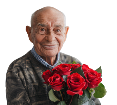 Senior retired man portrait holding bouquet of red roses over isolated white transparent background