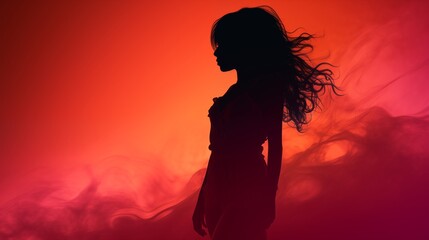 A silhouette of a girl model in a fashionable stance against a radiant, gradient sky with subtle textured elements.