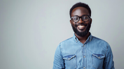 A well-groomed man with glasses and a denim shirt is smiling against a plain studio background. - obrazy, fototapety, plakaty