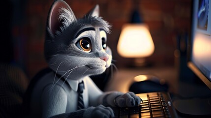 a gray and white-striped cat, stares at the blank computer screen  - obrazy, fototapety, plakaty