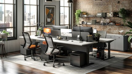 office desks, multiple workstations with computers placed on each desk 