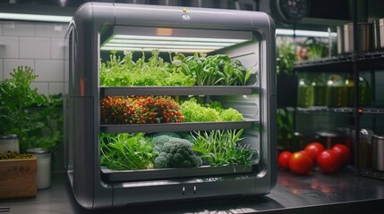 A compact, home-based vertical farm unit for growing personalized nutrition-rich crops, equipped with AI to optimize growth