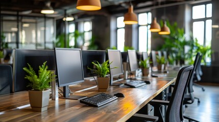 office desks, multiple workstations with computers placed on each desk 
