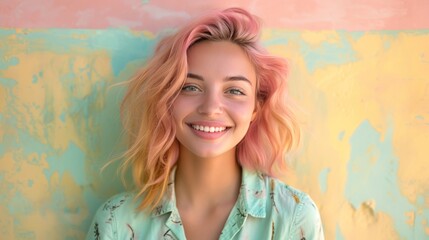 portrait of a young woman smiling, hair is pink cotton candy, wearing summer shirt on pastel background,  model