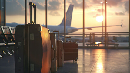 A serene airport terminal view suitcases ready for adventure with an airplane and sunrise background awaiting tourist trips. - obrazy, fototapety, plakaty