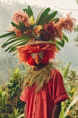 Intricate and vibrant tribal costume with an elaborate headdress, set against a lush green backdrop, showcasing cultural heritage and craftsmanship