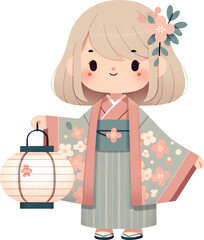 blond hair girl in Traditional Attire Holding a paper lantern in cherry blossom festival