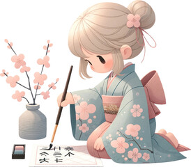 blond hair girl in Traditional Attire Holding a calligraphy brush to writing characters in cherry blossom festival