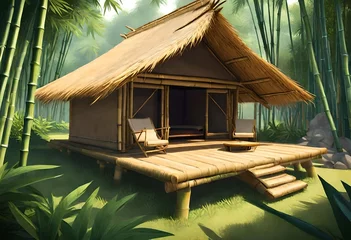 Foto op Canvas bamboo hut with thatched roofs. for playing and relaxing in a refreshing atmosphere. AI generative © Muhammad Faizan