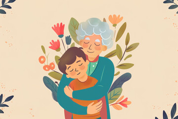 Grandparent's Day flat design illustration poster with grandma embracing her grandchild - obrazy, fototapety, plakaty
