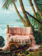 A dreamy picture of a romantic bamboo chair adorned with pink fluff on a secluded beach with...