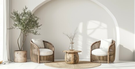 Minimalist interior design, wooden arch wall mockup, two rattan armchairs and round table - obrazy, fototapety, plakaty