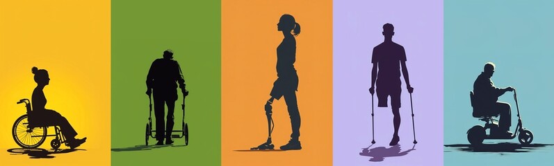 Collage silhouette of a people with different types of reduced mobility over colorful backgrounds. Illustration with disability and inclusion concept
