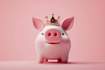 A piggy bank money box wearing a gold crown