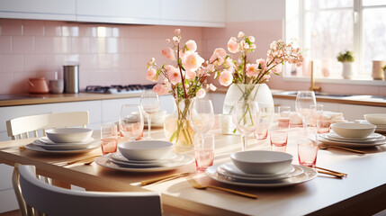 Modern kitchen with set of dishes pastel pink and cherry blossoms. Festive spring table setting in bright cozy kitchen - obrazy, fototapety, plakaty