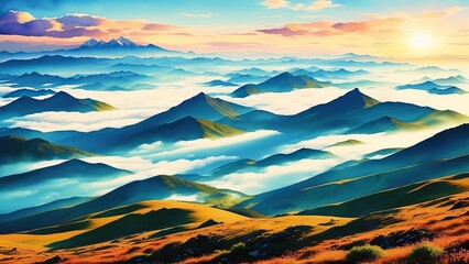 Sky-high mountain peaks, pierced by the first rays of the morning sun. A magical sight and harmony with nature. Watercolor illustration, AI Generated